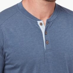 The SeaBreeze Henley | Dark Denim -Fair Harbor Clothing Shop OF Henley Blue Front 005 CLOSE UP NECK f4fd57eb 917e 44da 9a6c a914cbe505e5